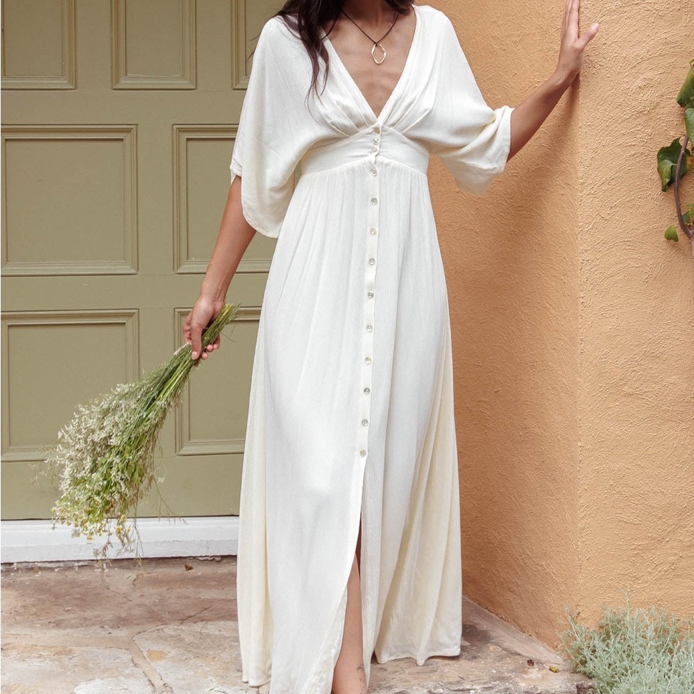 NBW Showpo Cream Maxi Gown with Plunge Neckline and Dolman Sleeves